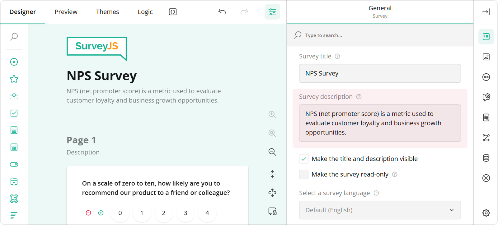 Specify survey description in SurveyJS Survey Creator