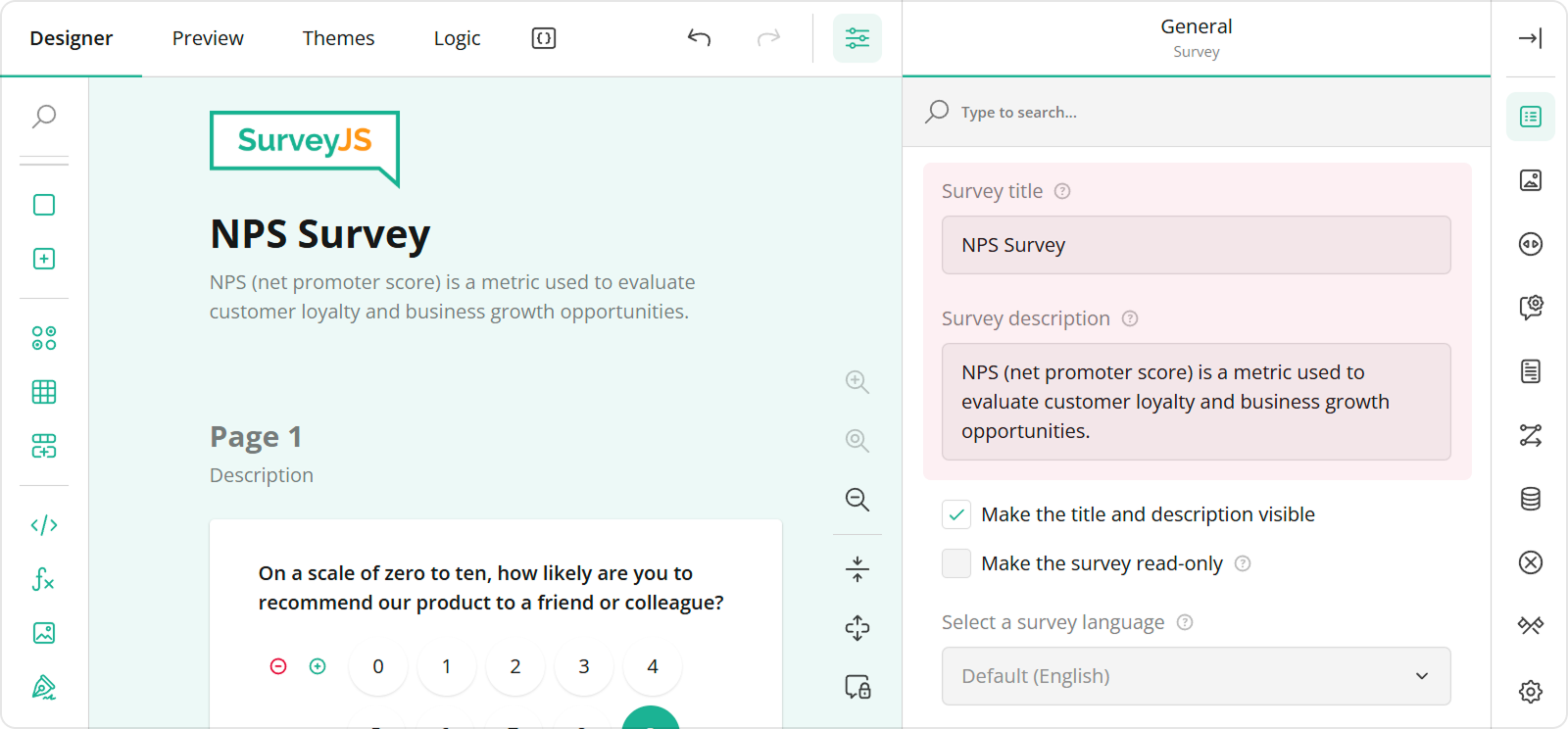 Specify survey title and description in SurveyJS Survey Creator