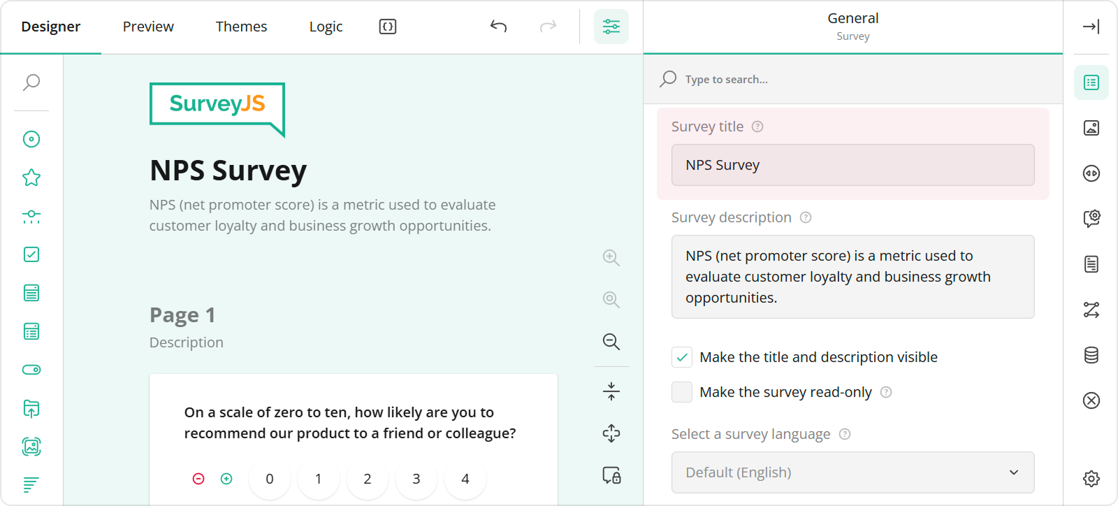 Specify the survey title in SurveyJS Survey Creator