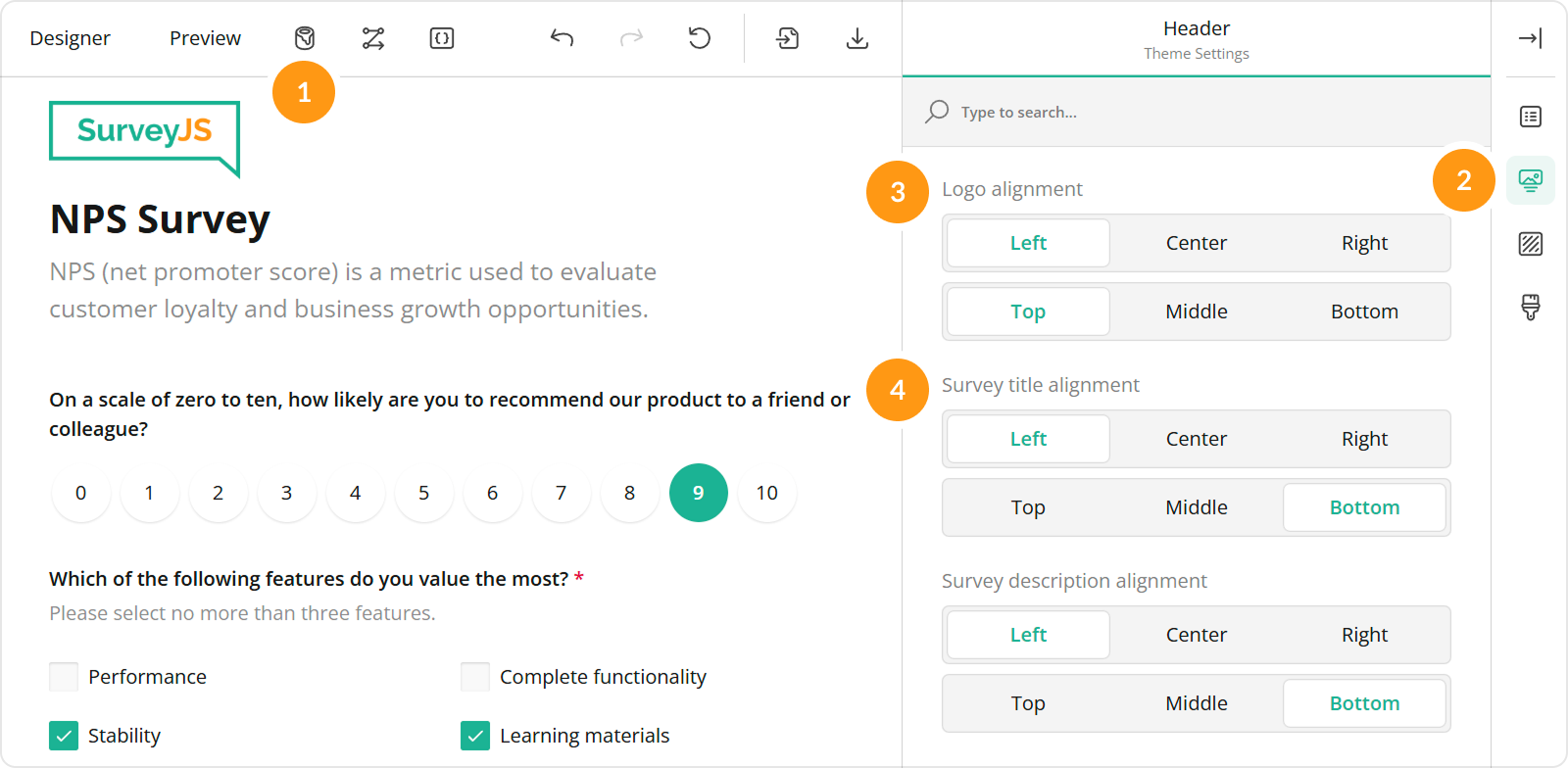 Specify logo settings in SurveyJS Survey Creator