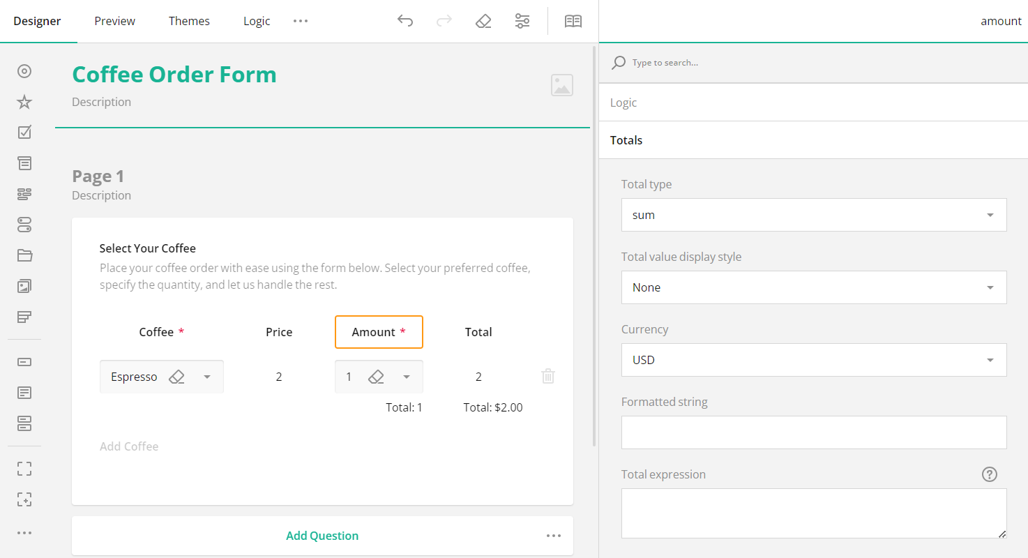 SurveyJS: Calculate Amount Column Total