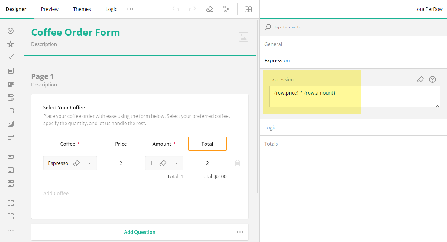 SurveyJS: Calculate the amount per row