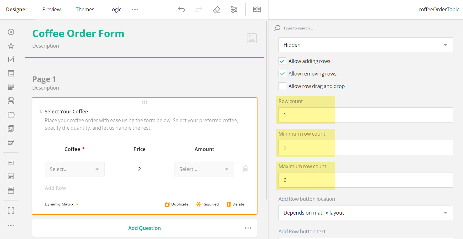 SurveyJS: Configure Dynamic Matrix Row Settings