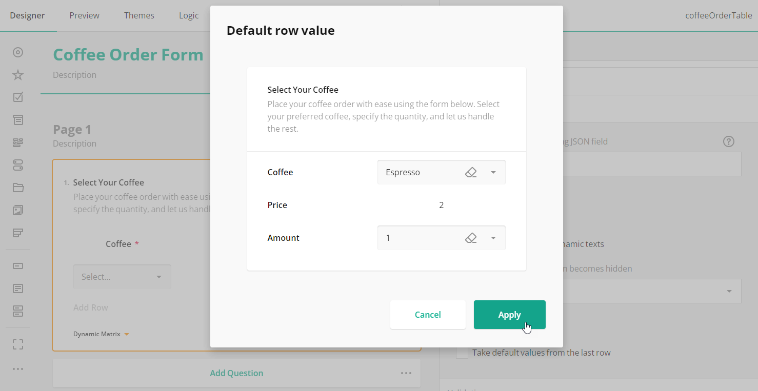 SurveyJS: Specify Default Row Values