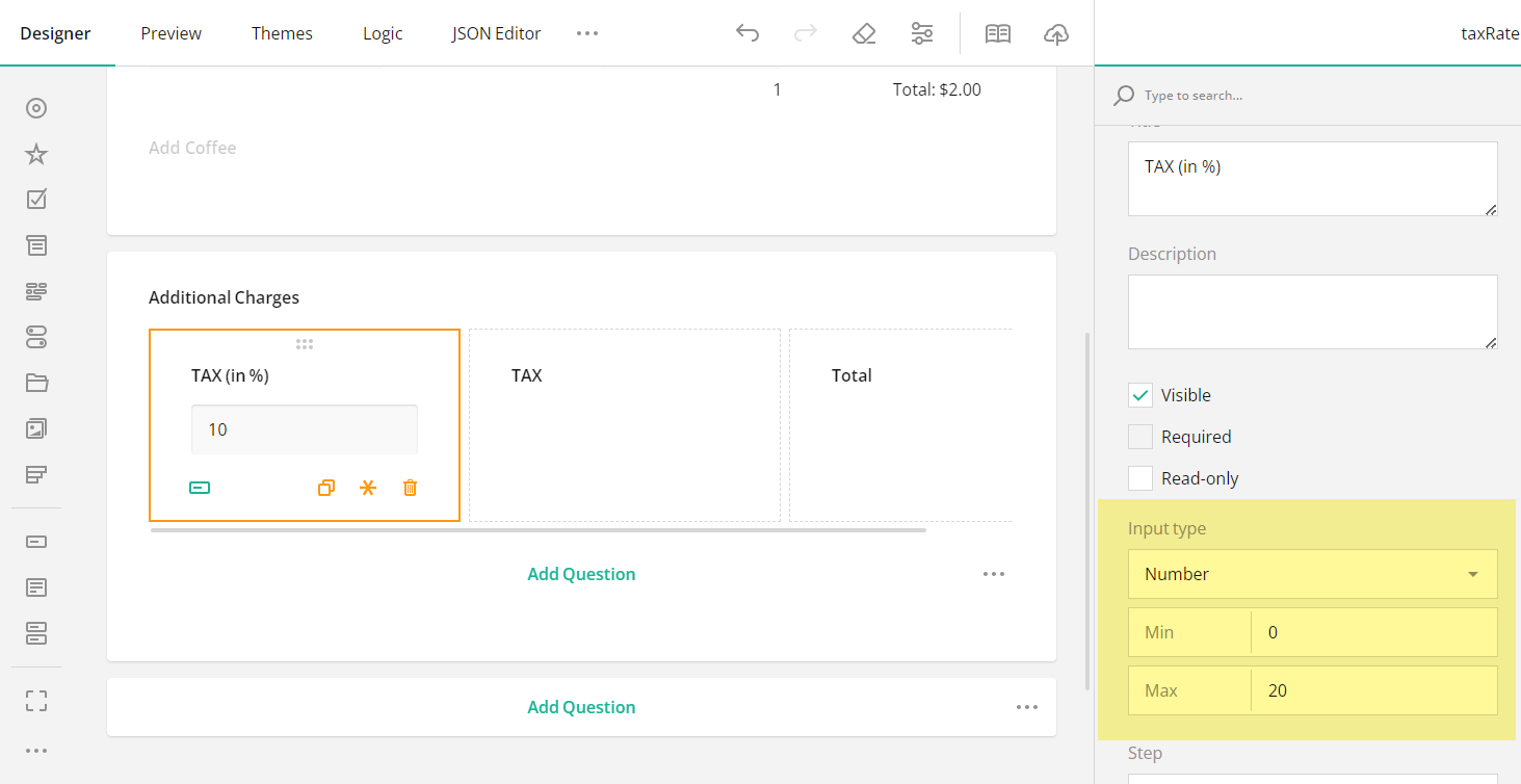 SurveyJS: Configure Tax Rate