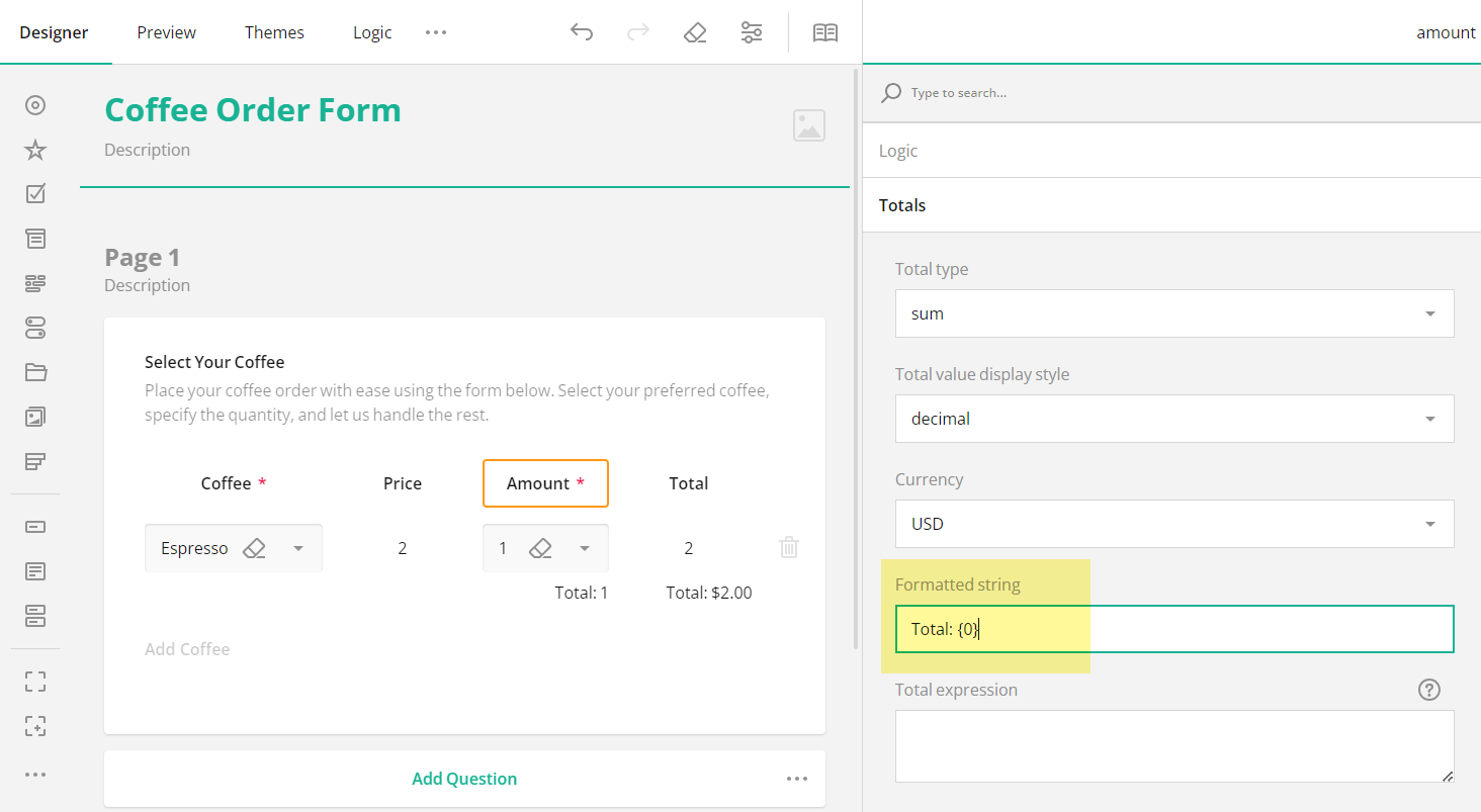 SurveyJS: Set the total format pattern