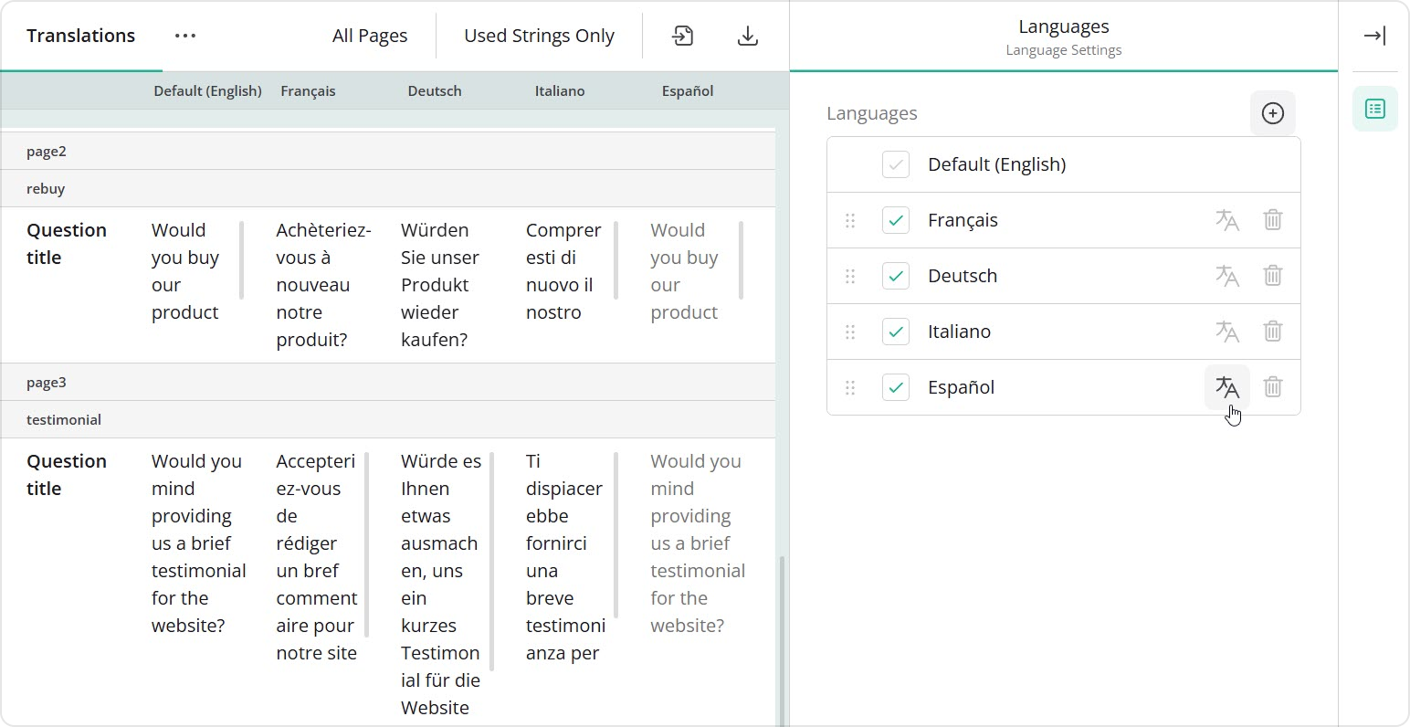 Translations tab: "Auto-translate" buttons