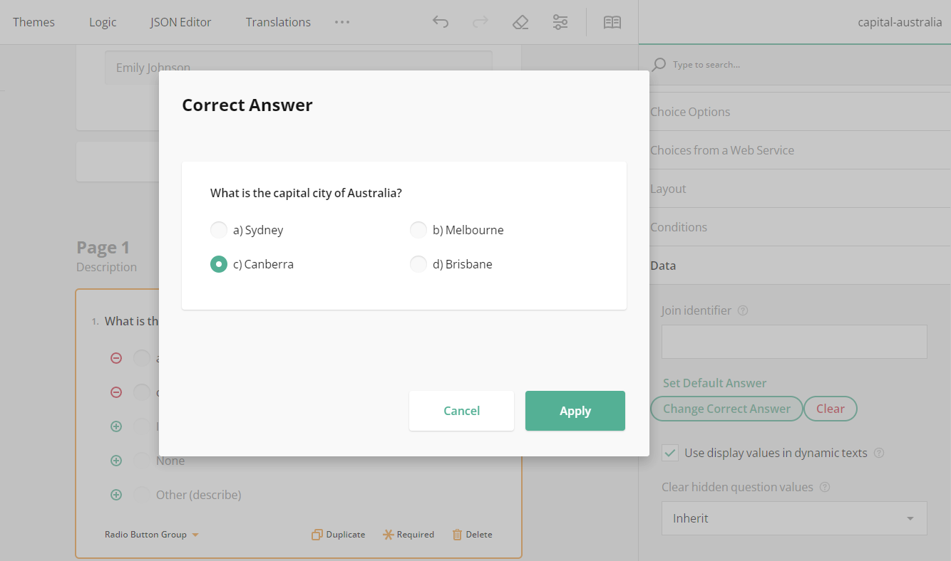 SurveyJS Quiz Maker: Set a correct answer