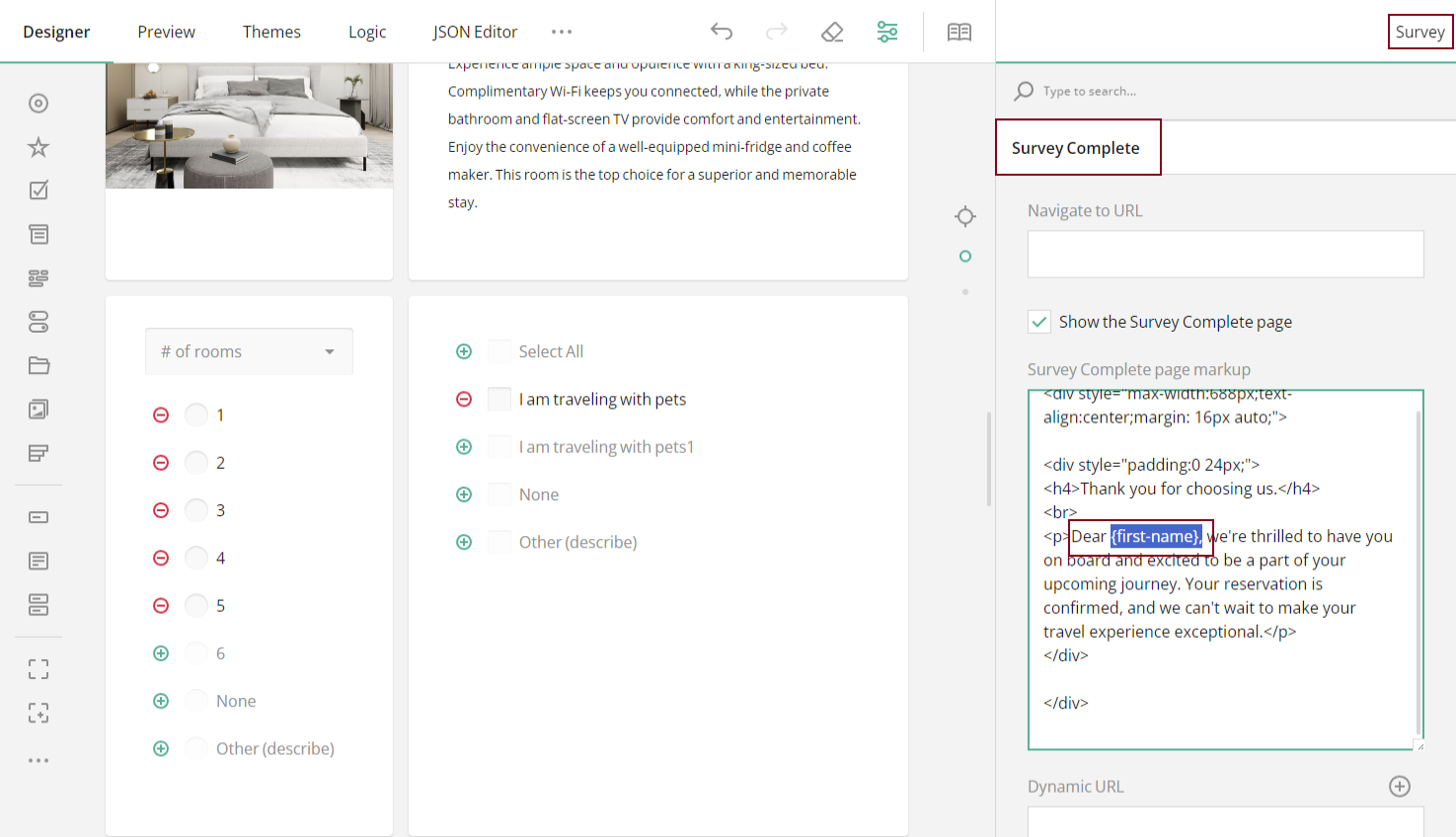 SurveyJS: How to use piped text to create a custom message on the Thank You page.