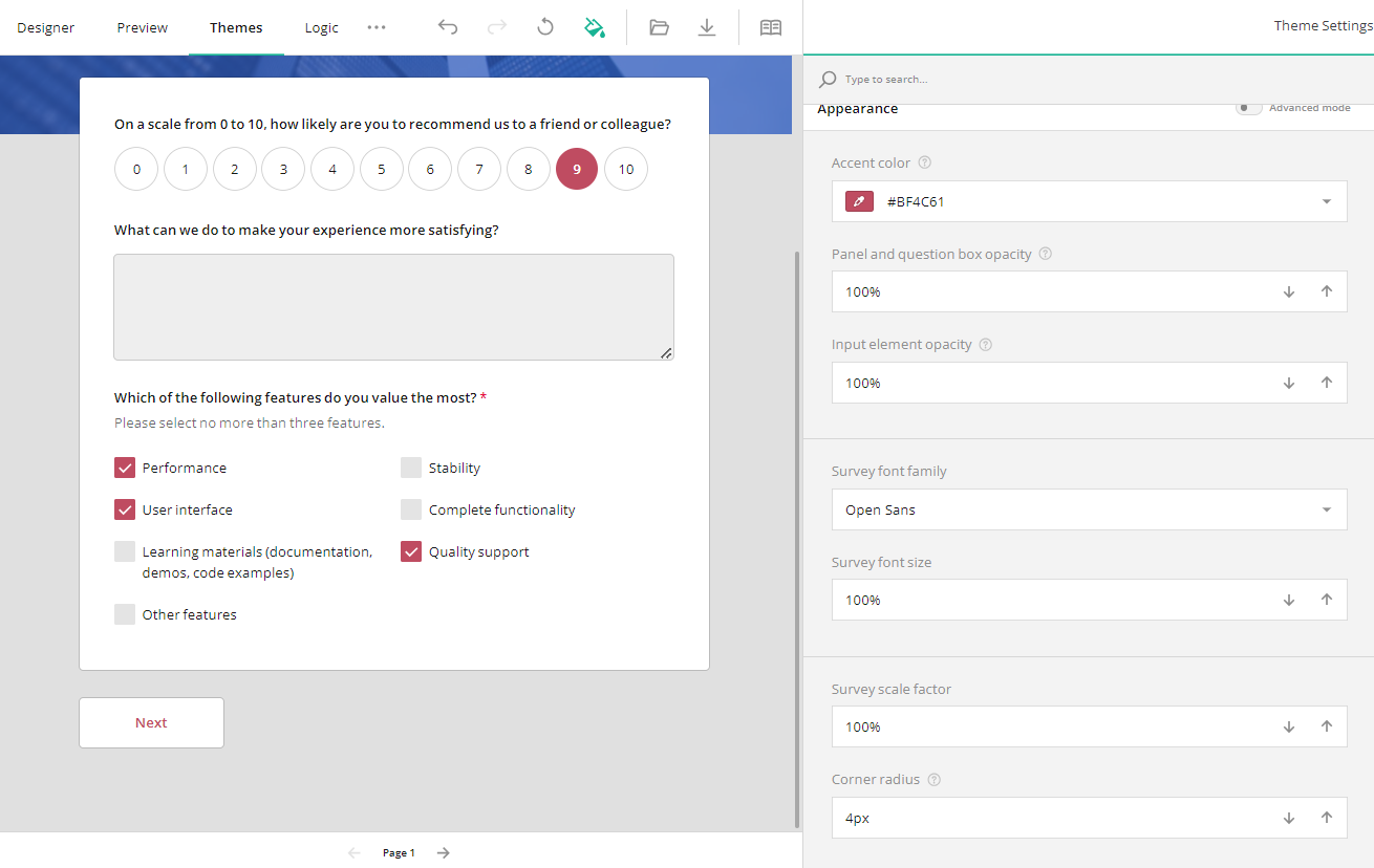 Theme Editor: A SurveyJS form with a changed accent color