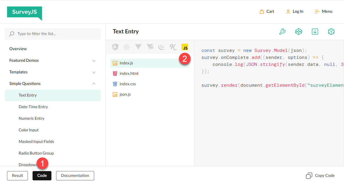 SurveyJS: How to find vanilla JS demos