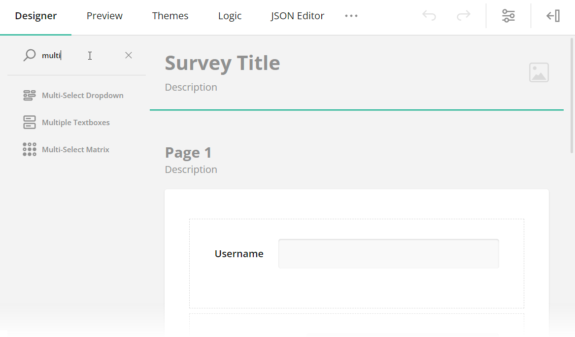 SurveyJS Survey Creator: Search in Toolbox