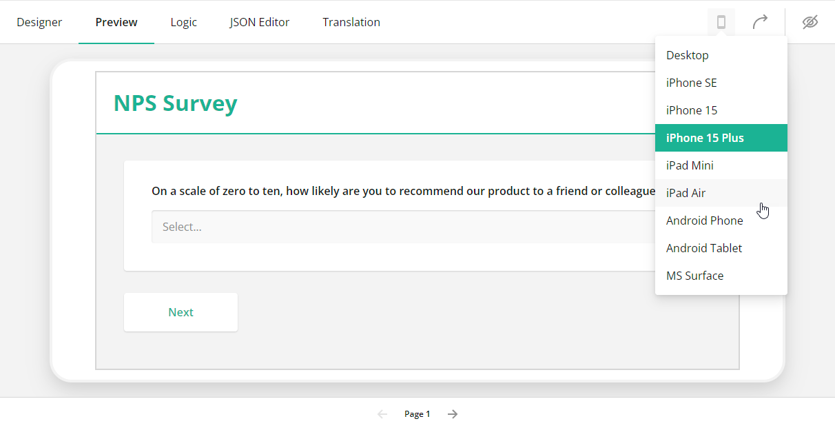 SurveyJS Creator: Device list in the Preview tab
