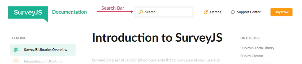 Search bar in SurveyJS Documentation