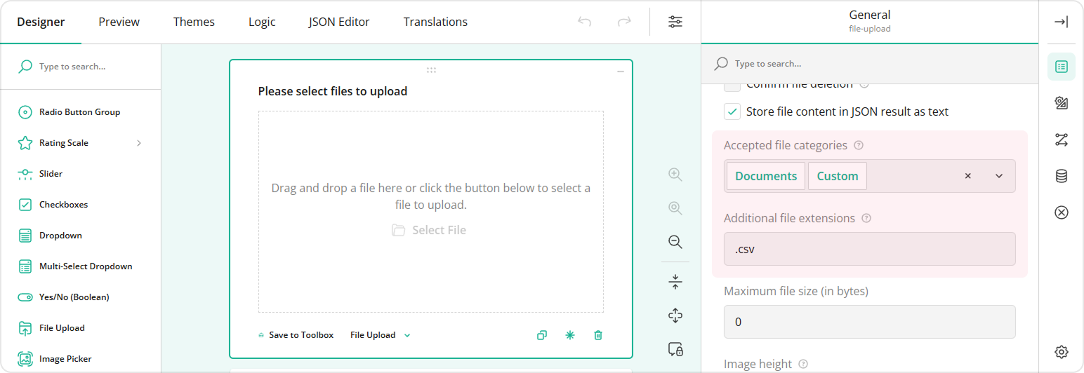 Survey Creator: Specify the accepted file categories