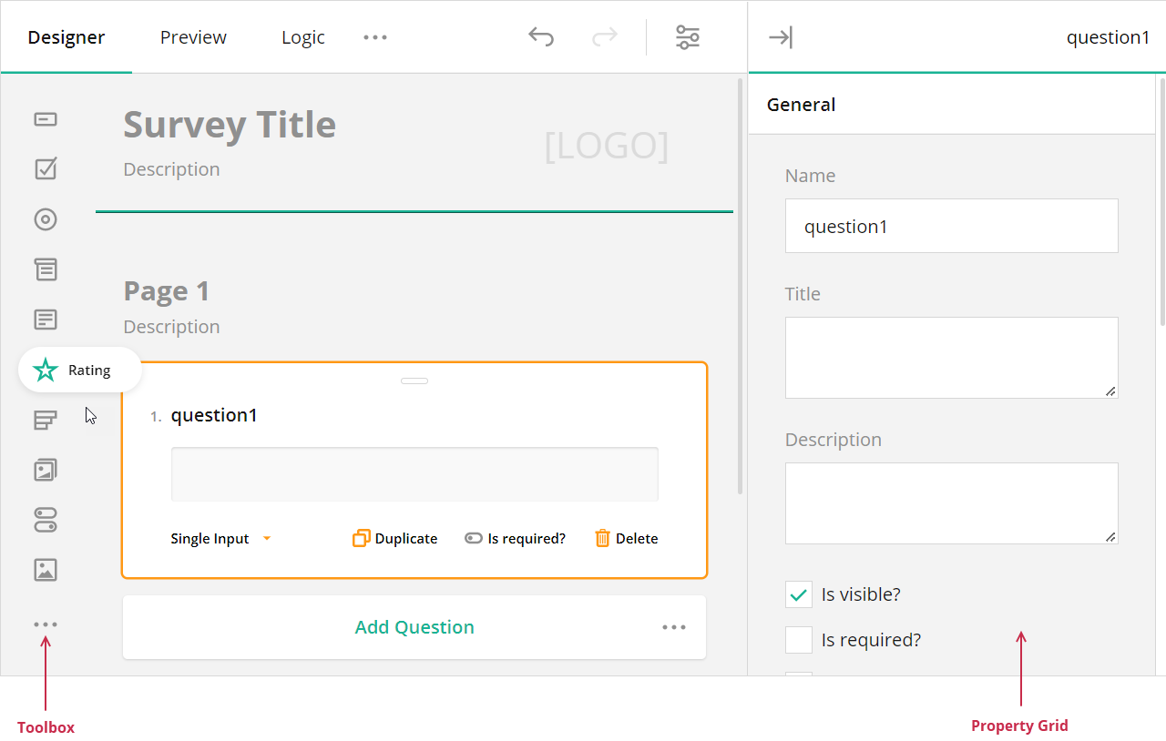 Survey Creator - Toolbox and Property Grid