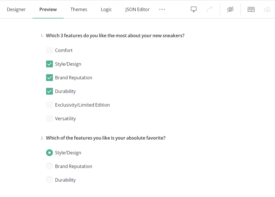 Preview carrying forward selected responses from a Checkboxes question to a Radio Button Group