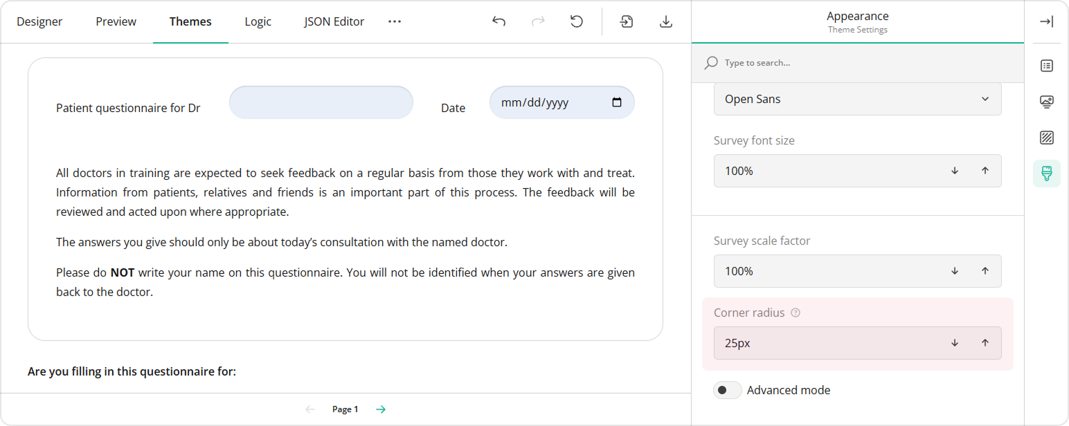 Set a common corner radius for rectangular survey elements