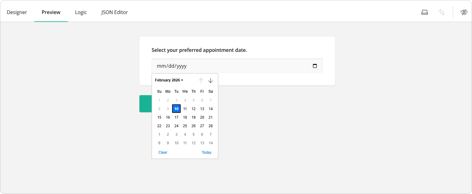 Preview tab showing past dates disabled in the Date Picker