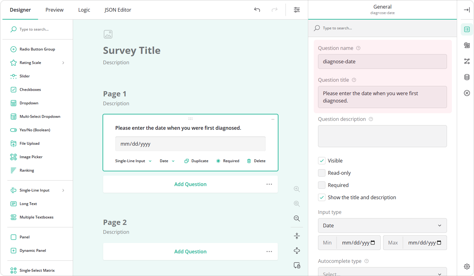 Date element configured to collect a date from the past