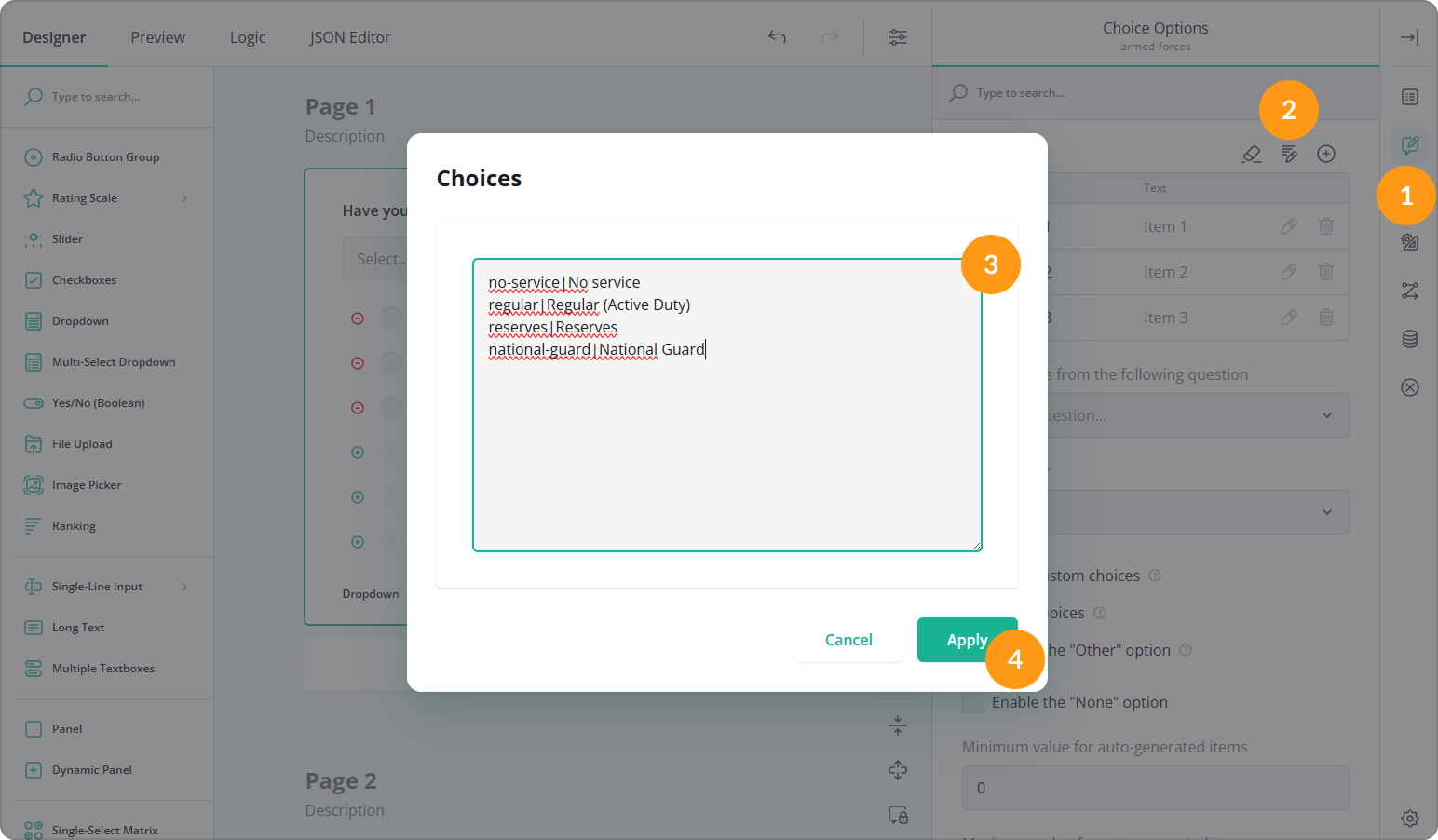 Add choice options to the Dropdown question
