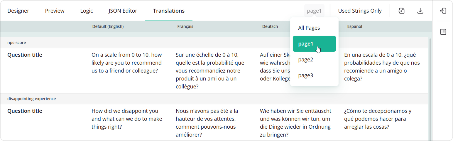 Filtering translation strings by page