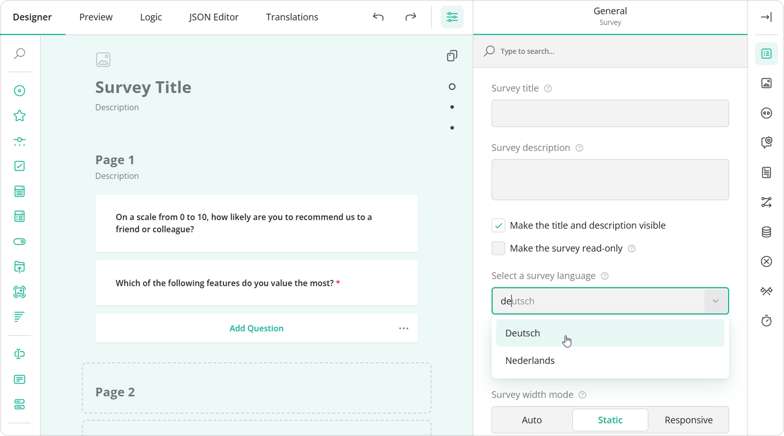 Selecting a survey language