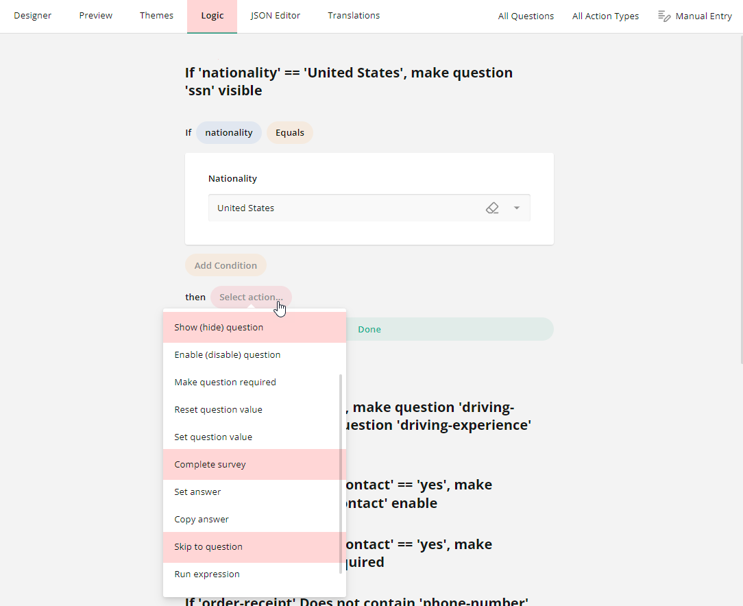 Survey Creator: Condition list in the Logic tab