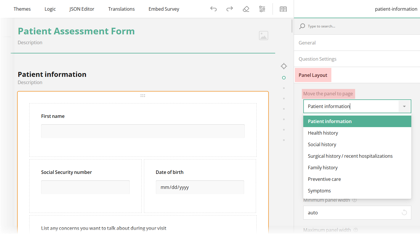 Survey Creator: How to move a panel to a different page